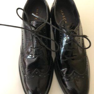 Ladies Black Patent wing tip stack heels